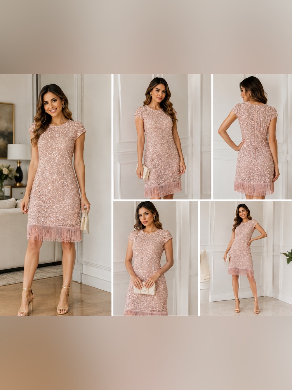 Aidan Mattox Sequin Fringe Cap-Sleeve Cocktail Dress in Blush